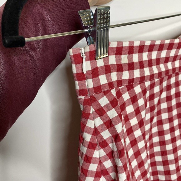 Zara Gingham Check Flared Shorts Size Small Red White High Waist Viscose Stretch - Picture 7 of 10